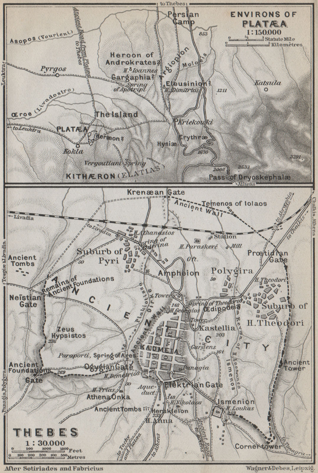 PLATAEA & THEBES ENVIRONS. Boeotia, Greece. BAEDEKER 1909 old antique map